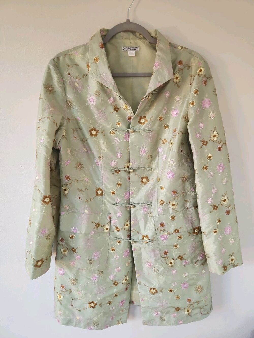 Grace Chuang New York 100% Silk Jacket Embroidered Flowers Timeless Elegant